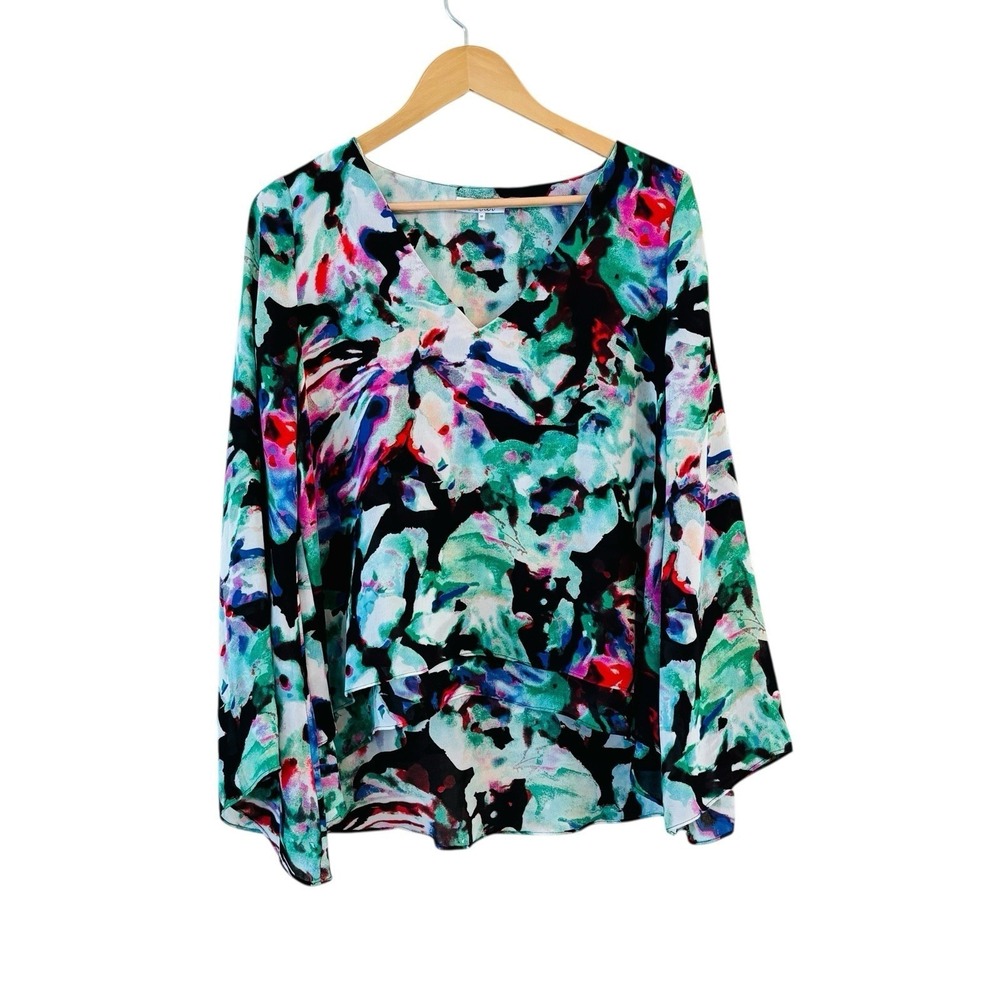 Parker Night Garden Floral Top Blouse Womens M Tiered Colorful Artsy V Neck‎